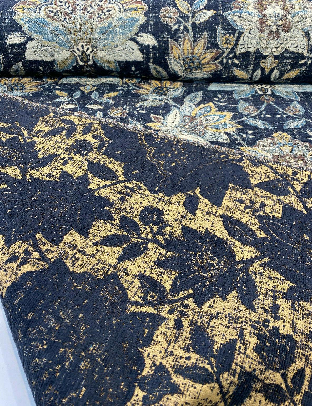 Wolfgang Floral Chenille Fabric - Onyx Black Damask, 57" Width, 27" Horizontal Repeat, 29" Vertical Repeat (1 Yard)