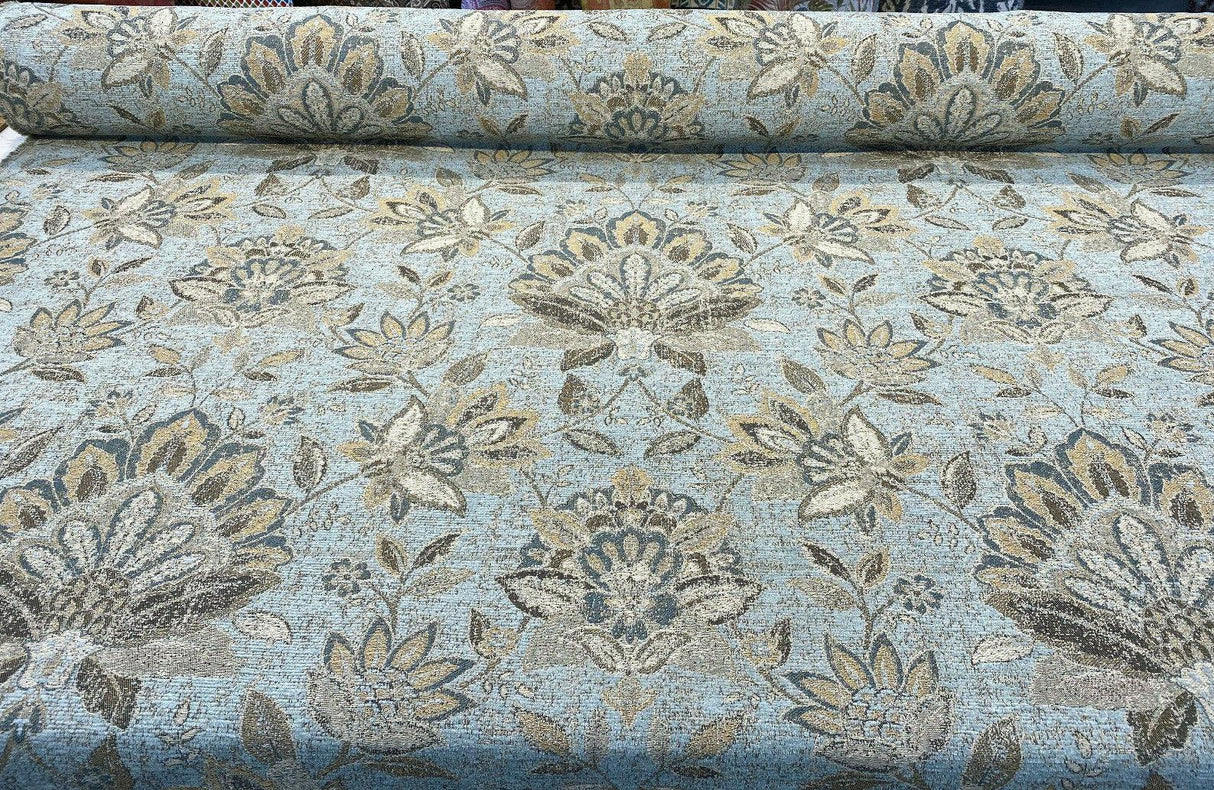 Wolfgang Floral Patina Vintage Damask Chenille Fabric - Vintage Teal Blue With Blue, Teal, Gold, And Rust Hints, 57" Width (1 Yard)