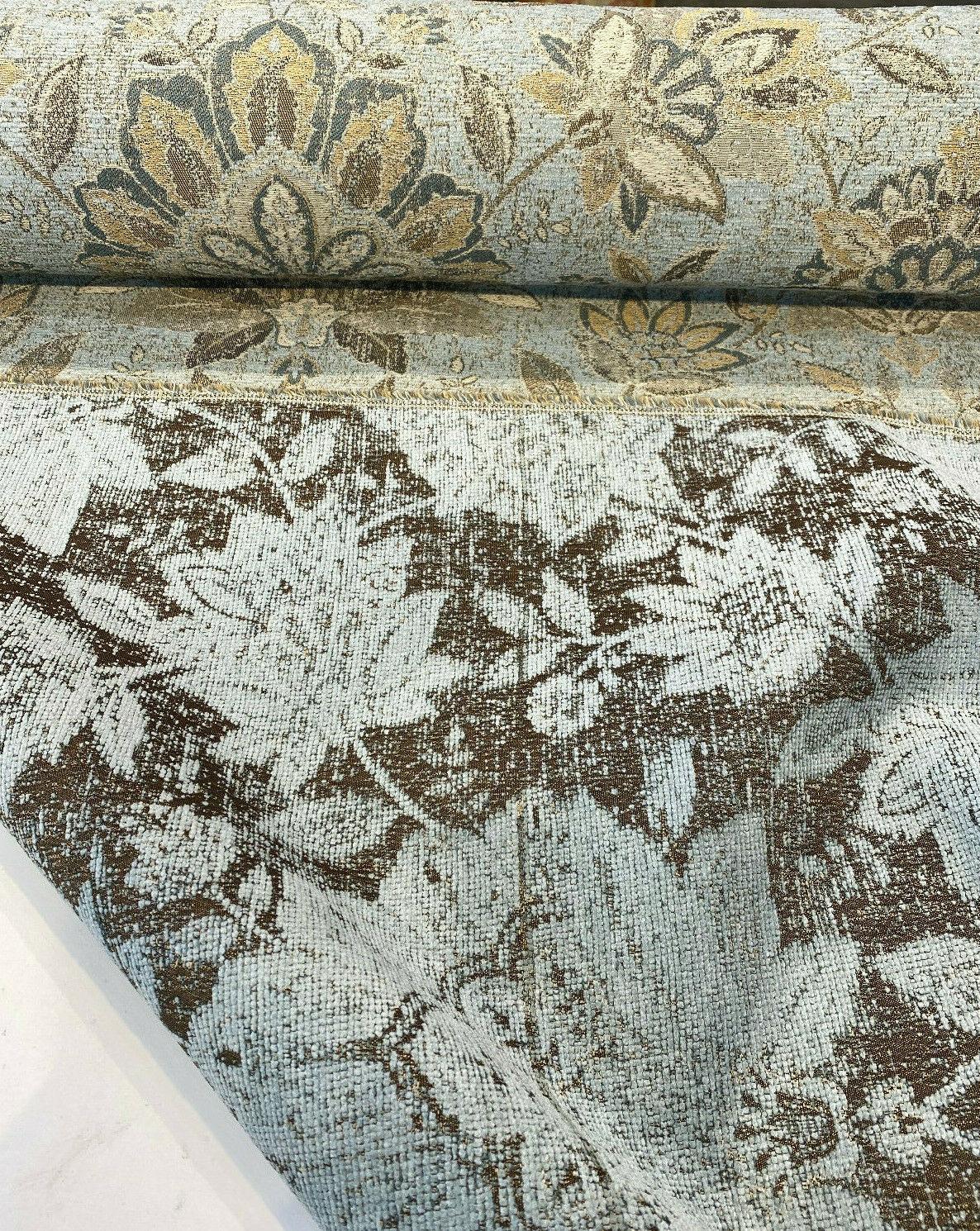 Wolfgang Floral Patina Vintage Damask Chenille Fabric - Vintage Teal Blue With Blue, Teal, Gold, And Rust Hints, 57" Width (1 Yard)