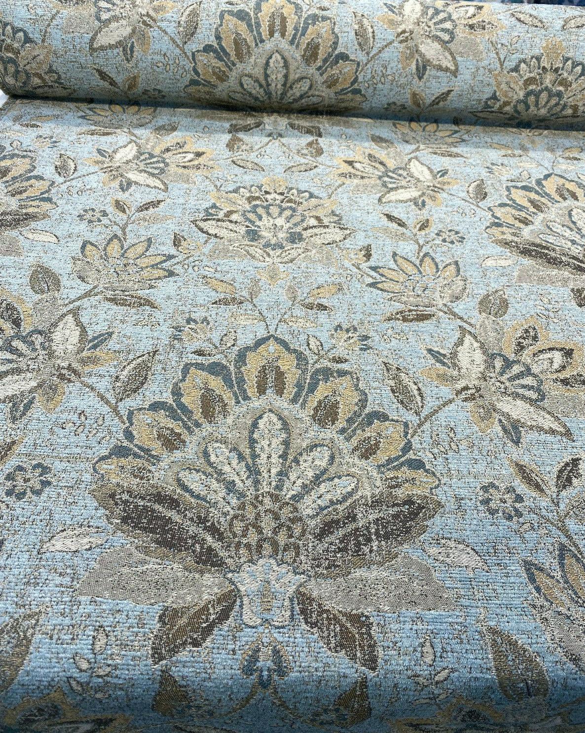 Wolfgang Floral Patina Vintage Damask Chenille Fabric - Vintage Teal Blue With Blue, Teal, Gold, And Rust Hints, 57" Width (1 Yard)
