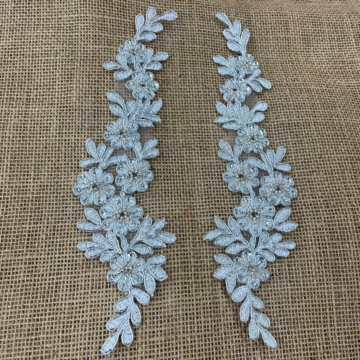 1 Pair 9.5" x 2" Each Side Beaded & Corded Floral Lace Applique Embroidered on 100% Polyester Net Mesh