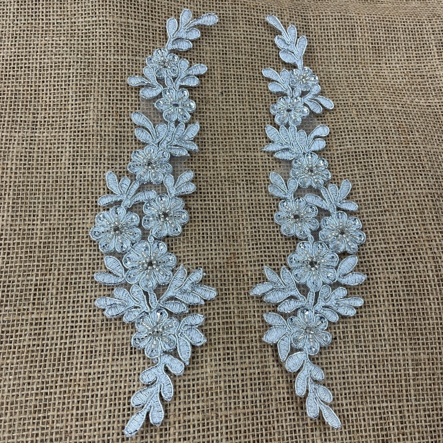 1 Pair 9.5" x 2" Each Side Beaded & Corded Floral Lace Applique Embroidered on 100% Polyester Net Mesh