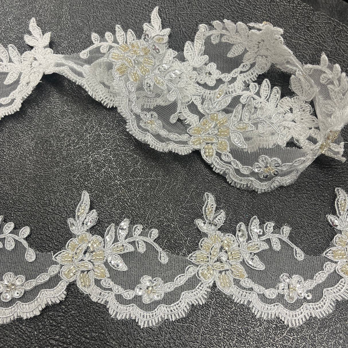 Beaded & Corded Lace Trimming Embroidered On 100% Polyester Net Mesh - Beaded Corded Embroidered Lace Fabric, 3" Wide, Gold, Ivory, Silver, White (1 Yard)