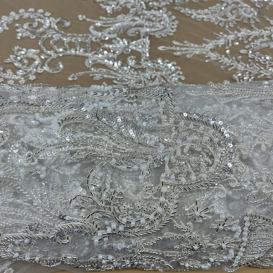 1 Yard Elegant Beaded Lace Fabric Embroidered on Polyester Net Mesh