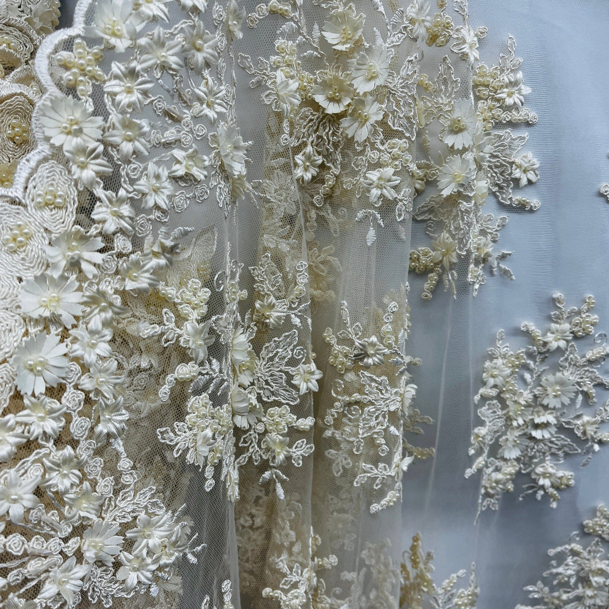 1 Yard Beaded 3D Floral Lace Fabric Embroidered on 100% Polyester Net Mesh 50" Wide