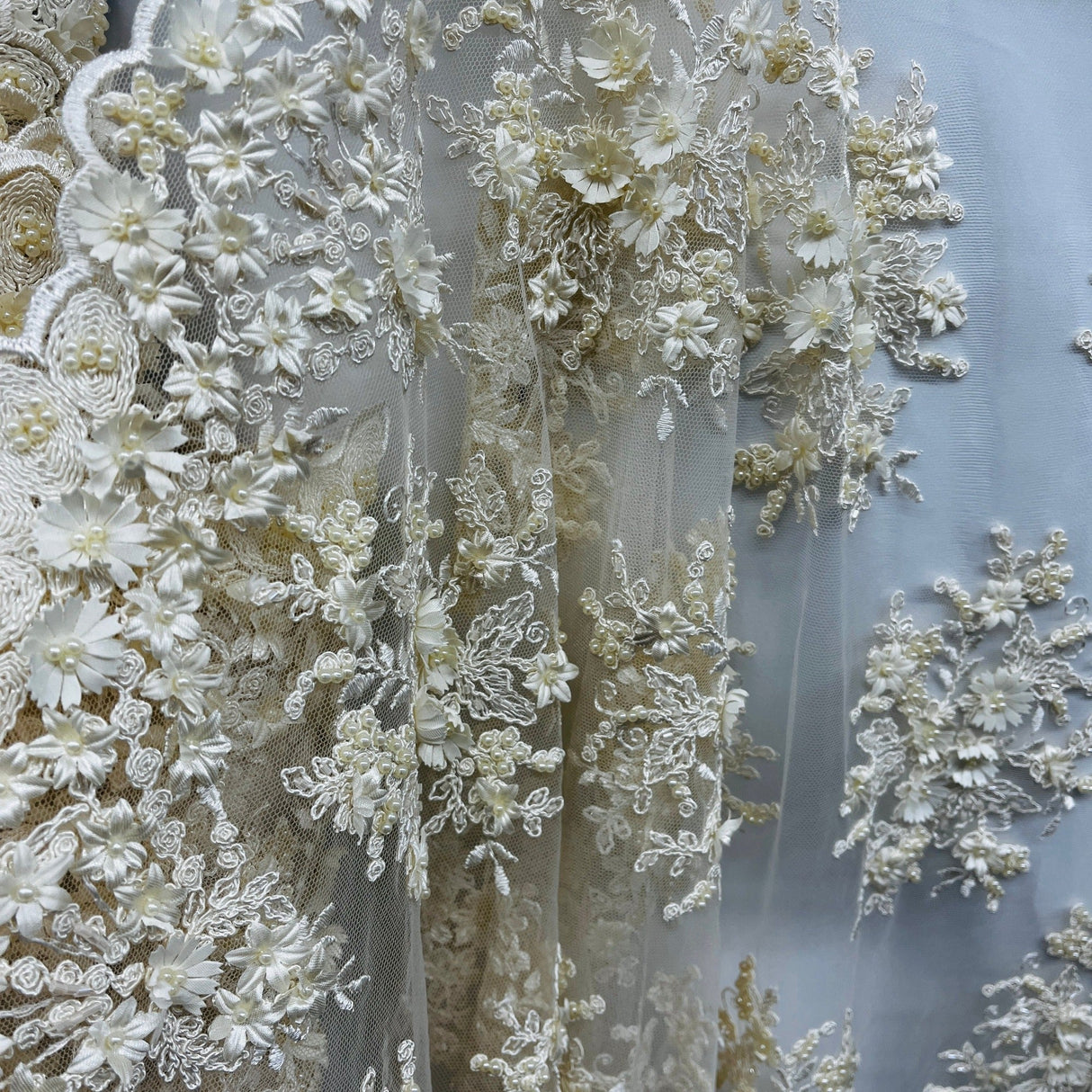 Beaded 3D Floral Lace Fabric - 3D Floral Beaded Embroidery, 50" Wide (1 Yard)