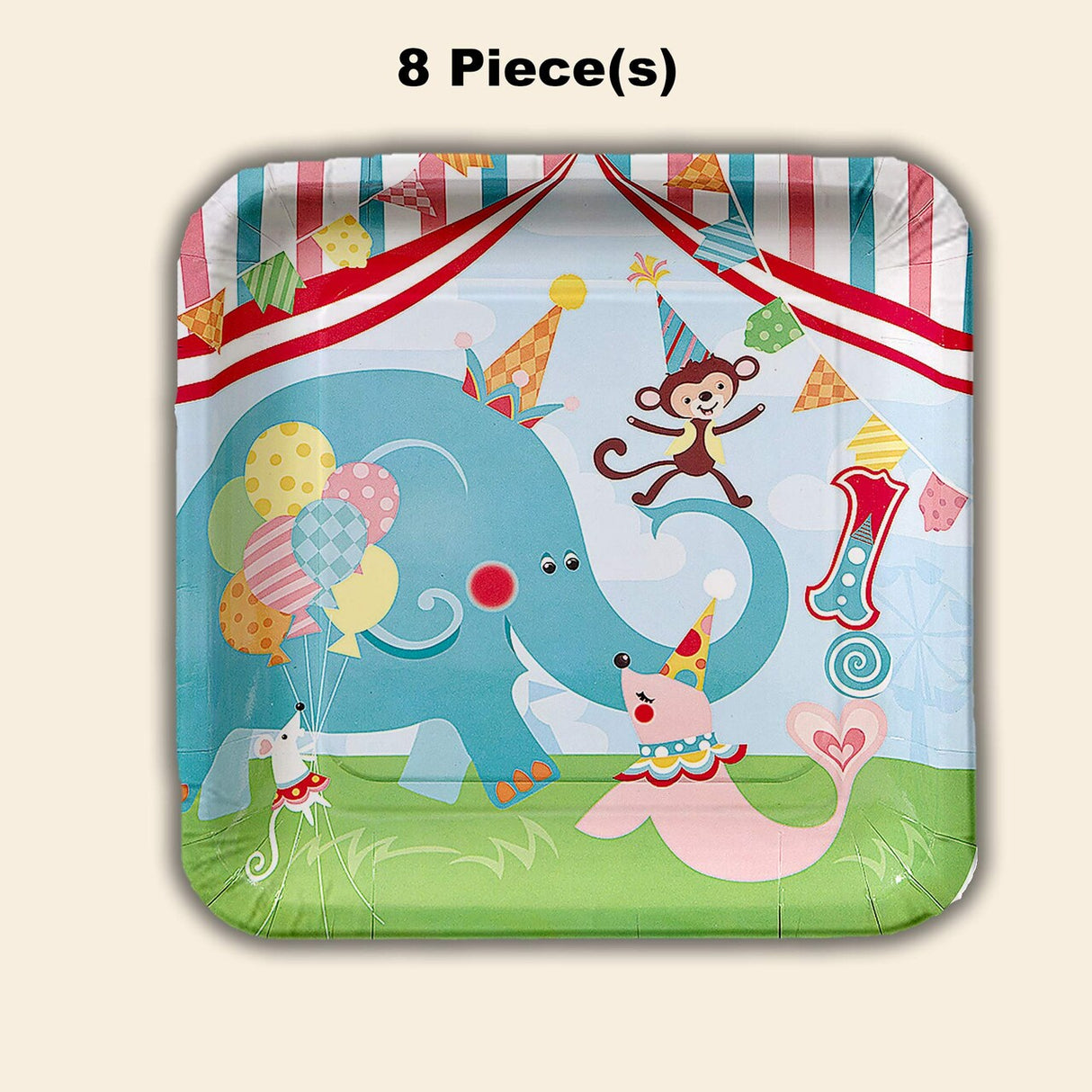 8 Ct.1st Birthday Circus Party Paper Dinner Plates Colorful Animal-Themed Tableware