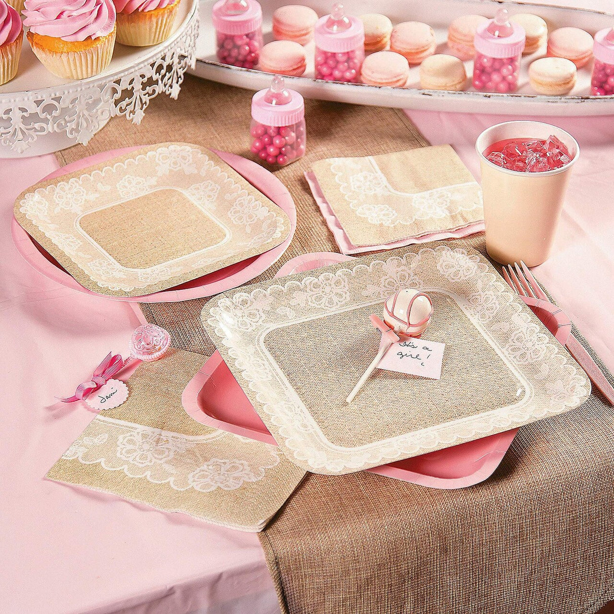 8 Ct. Burlap & Lace Wedding Square Paper Dinner Plates Rustic Disposable 9" Plates for Wedding Reception