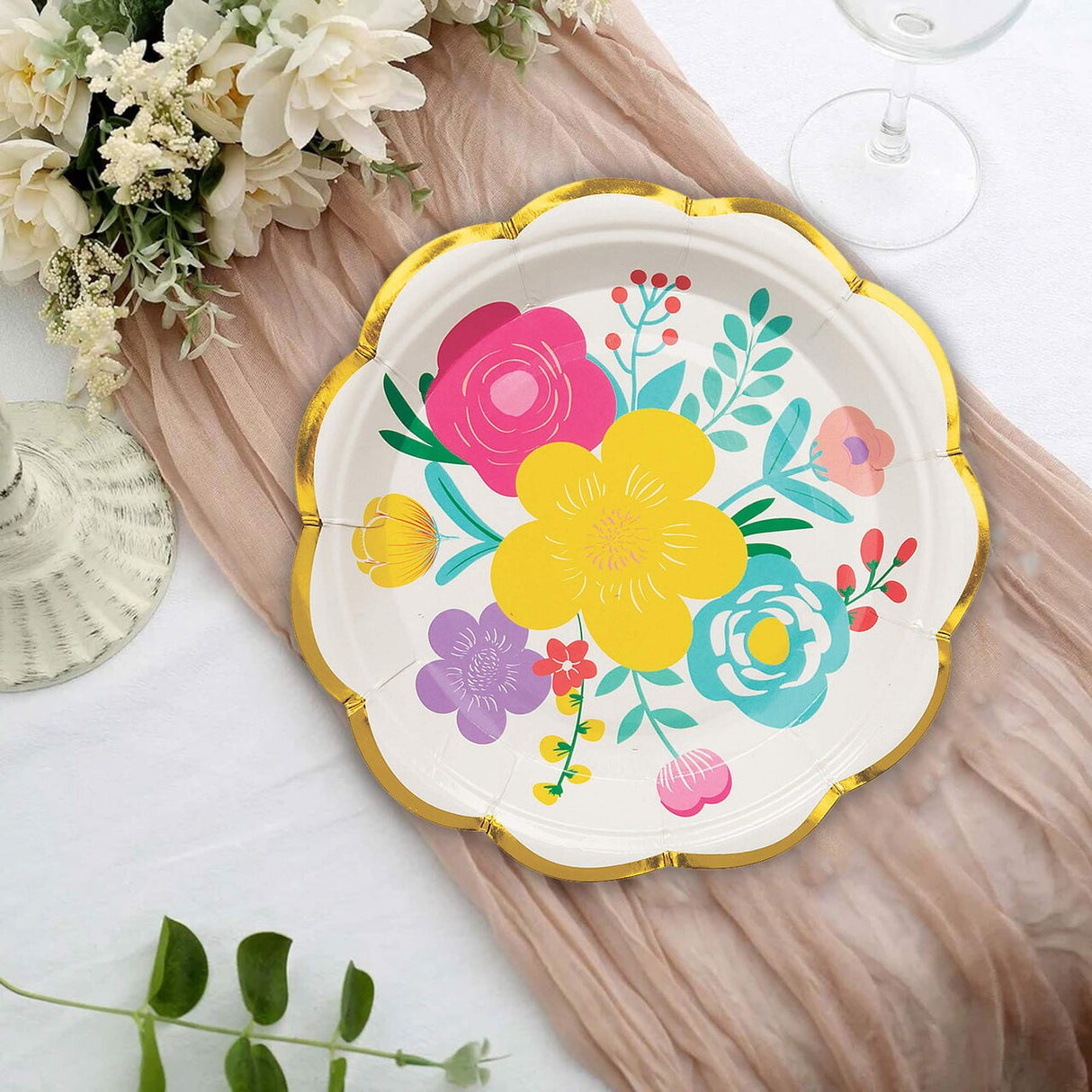 8 Ct. Fiesta Floral Bright Scalloped Paper Dessert Plates Vibrant 7" Party Tableware