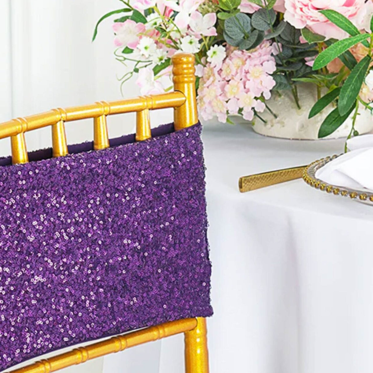 10 Pieces Elegant Eggplant Sequin Stretch Spandex Chair Bands 7 x 13 Inches