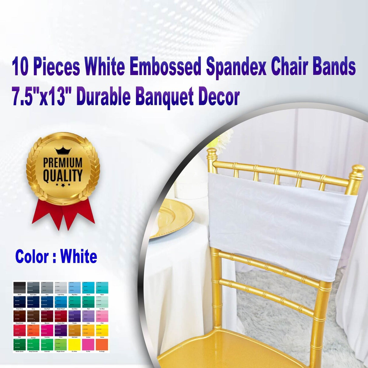 10 Pieces White Embossed Spandex Chair Bands 7.5"x13" Durable Banquet Decor
