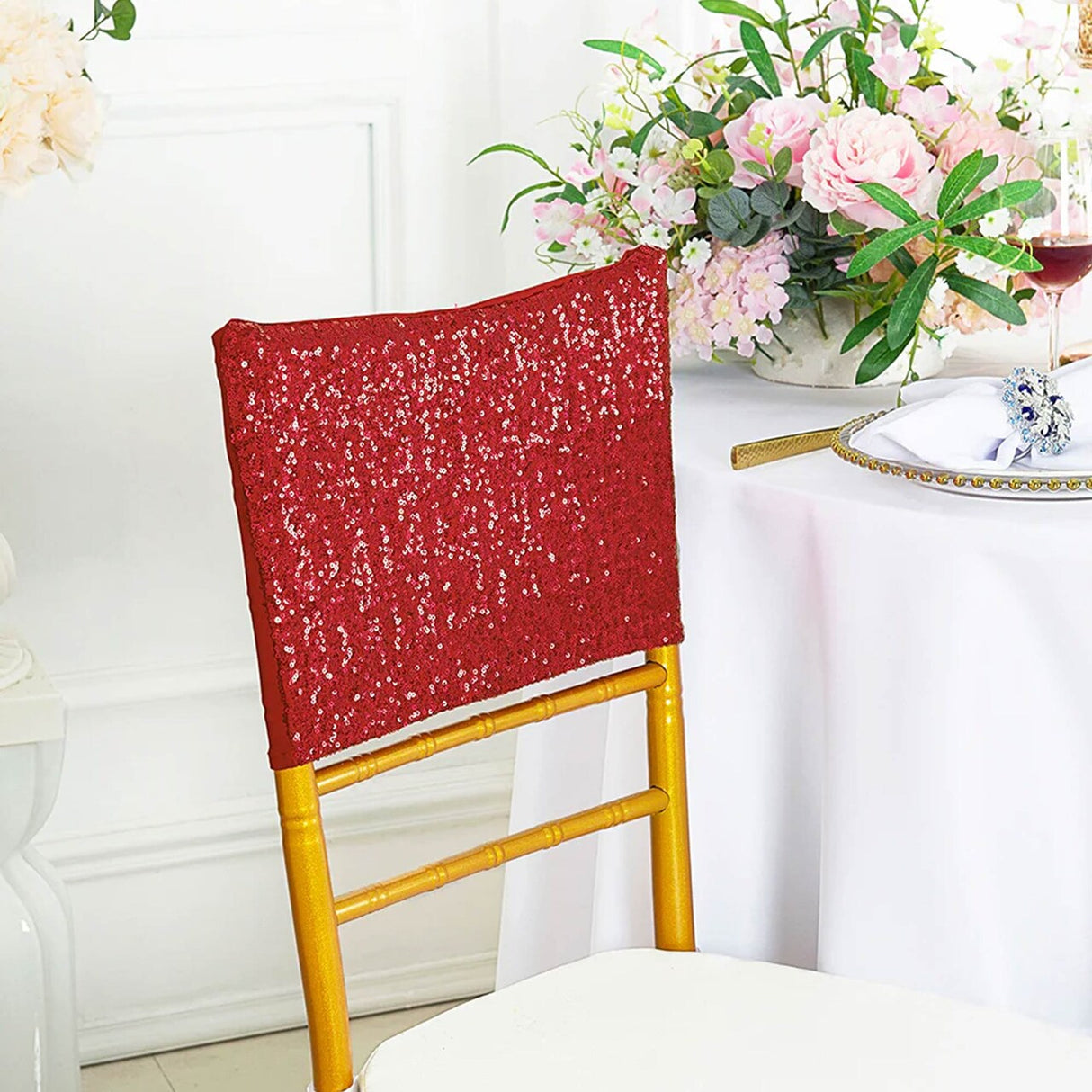 1 Piece Apple Red Sequin Spandex Chair Cap 13.5 inch by 10 inch Party Decor