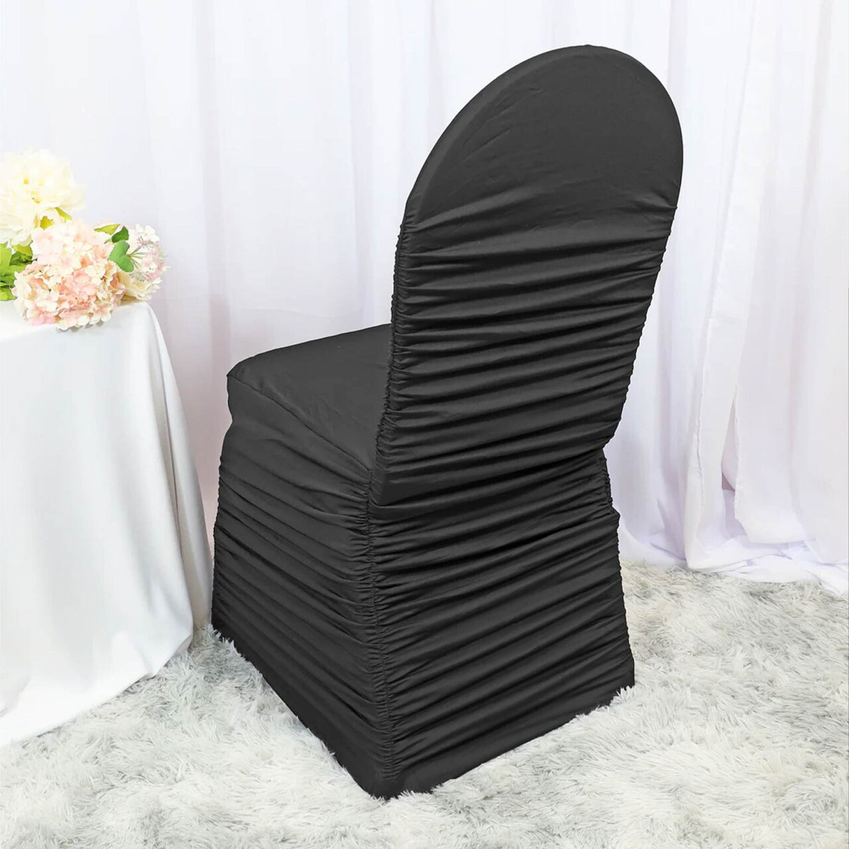 1 Piece Black Ruffle Chair Cover Stretch Rouge Spandex Banquet Style