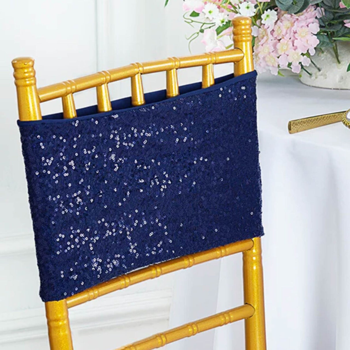10 Pieces Elegant Navy Blue Sequin Stretch Spandex Chair Bands 7 x 13 Inches