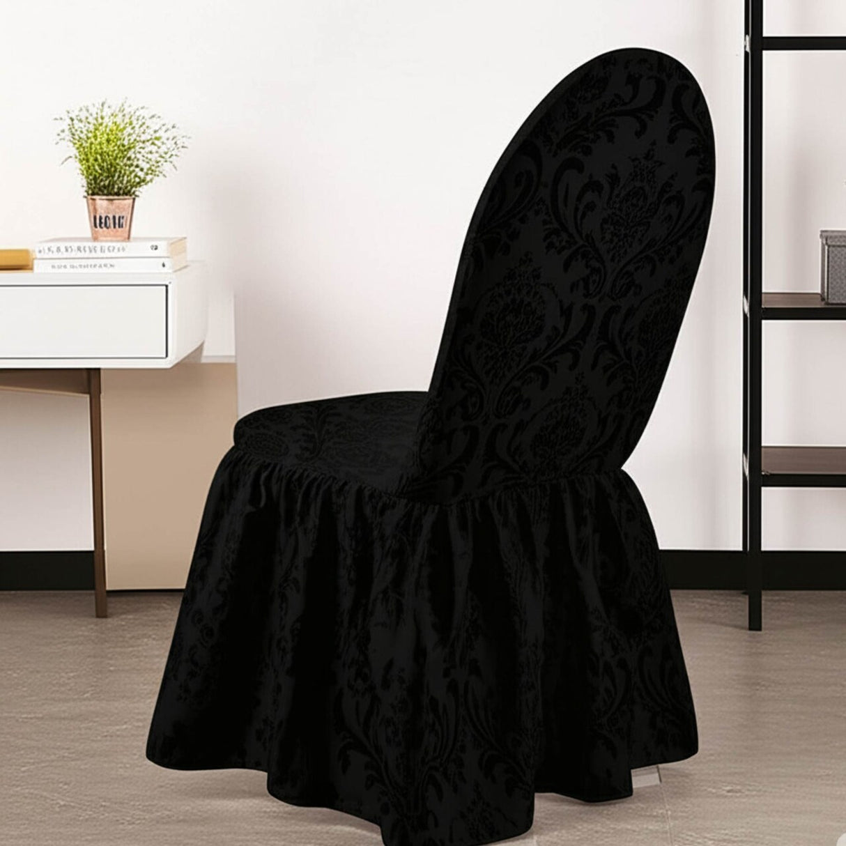 1 Piece Black Floral Damask Jacquard Polyester Banquet Skirt Chair Cover for Elegant Events