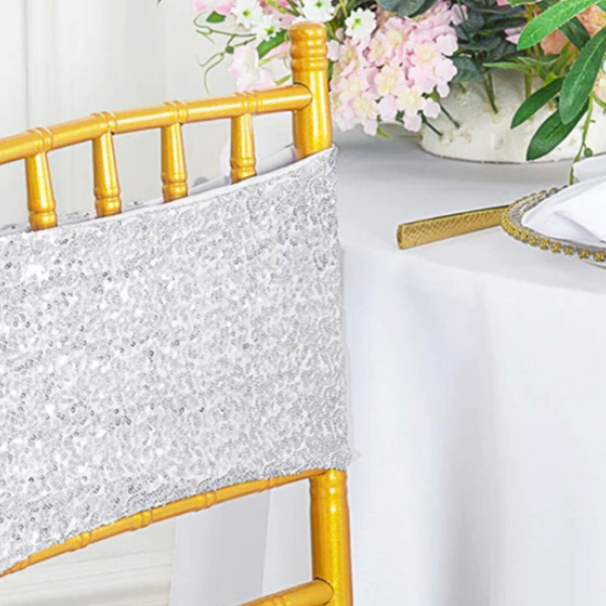 10 Pieces Sparkling Platinum Light Silver Sequin Spandex Chair Bands 7 x 13 Inches