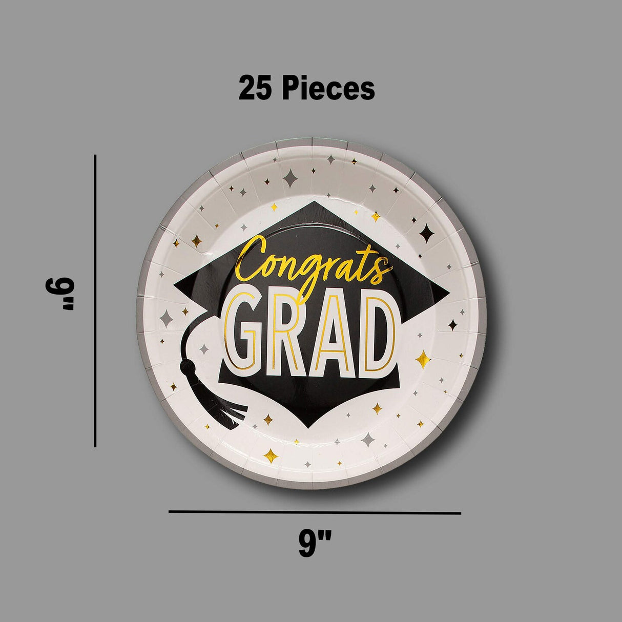 25 Count Black Gold Graduation Party Congrats Grad Paper Dinner Plates 9 Inch