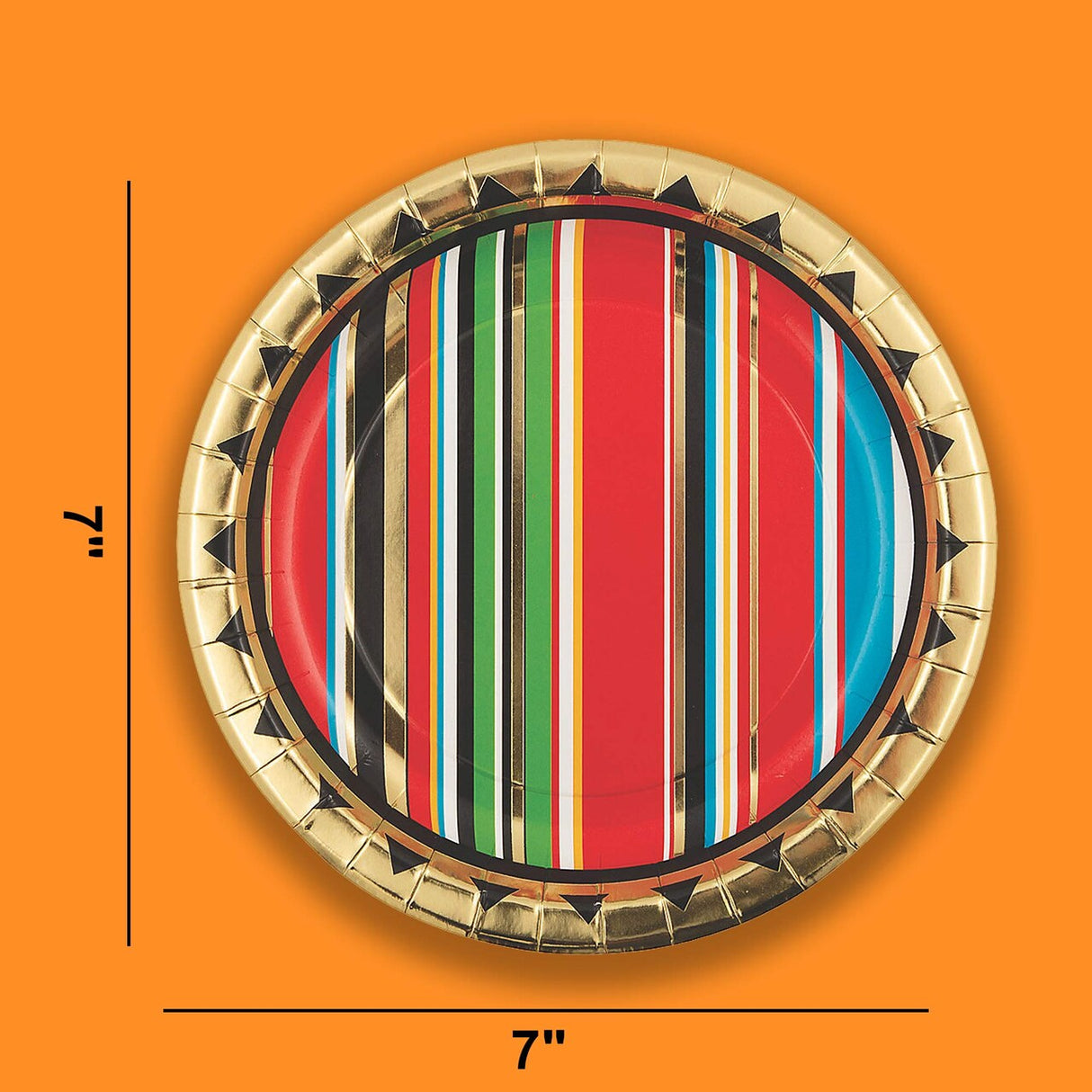 8 Ct. Gold Foil Viva Fiesta Paper Dessert Plates 7" Striped Serape Party Plates