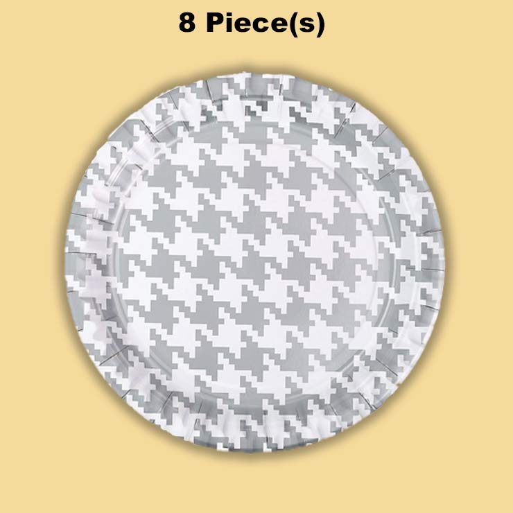 Silver Houndstooth Print Round Paper Dinner Plates 8 Count