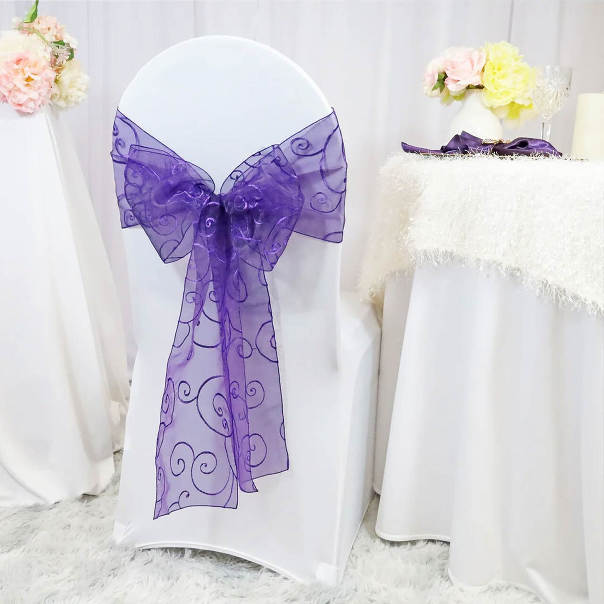 10 Pieces Regency Purple Embroidered Organza Chair Sashes 8"x108" Sophisticated Event Accents