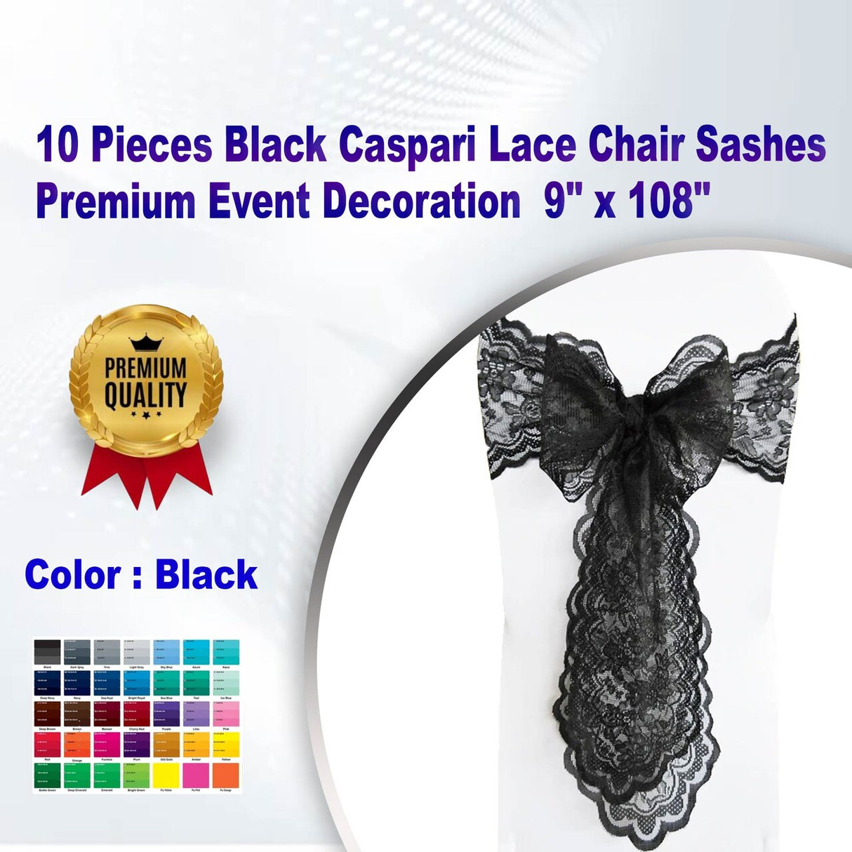 10 Pieces Black Caspari Lace Chair Sashes Premium Event Decoration 9" x 108"