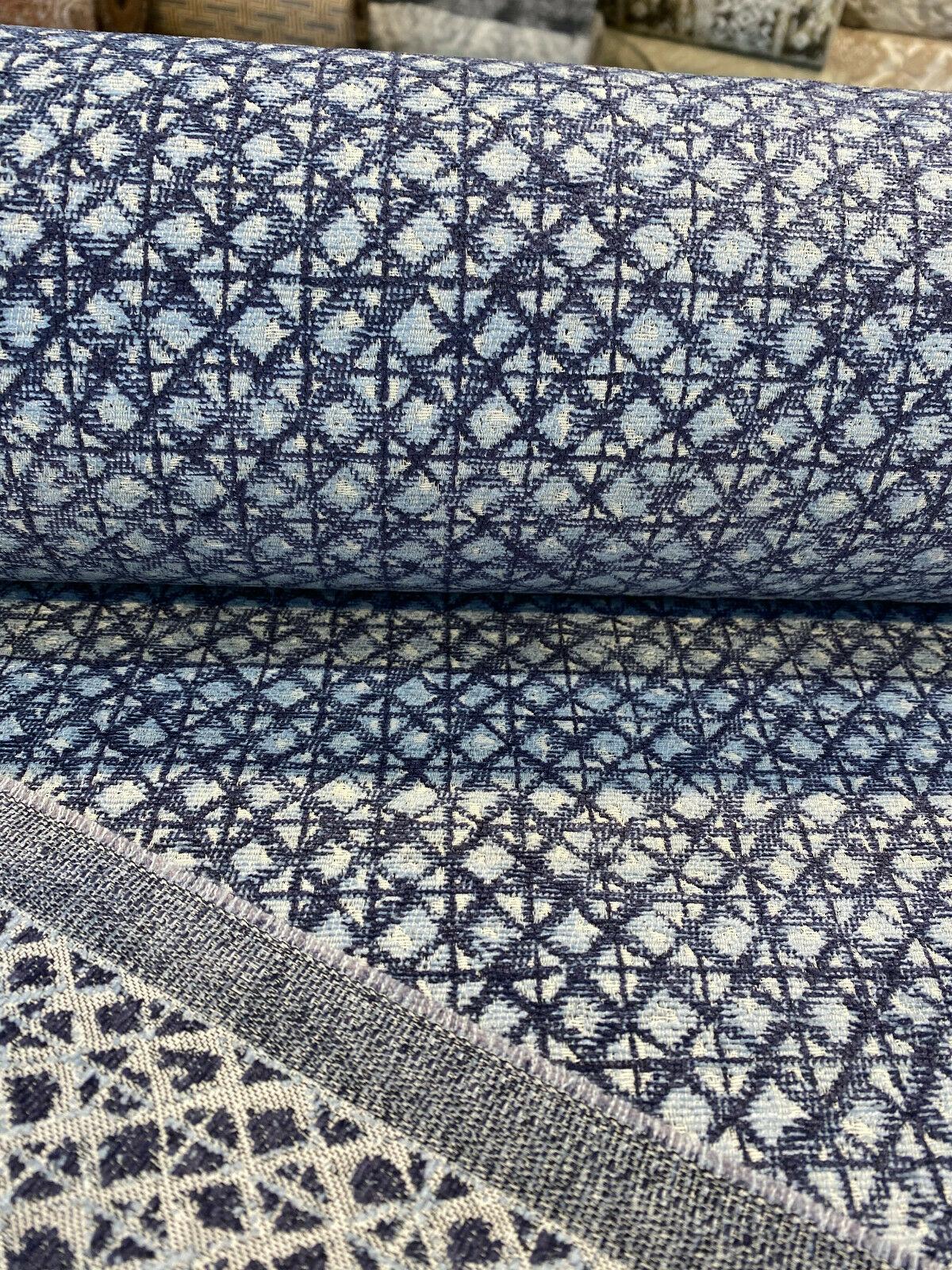 Saltaire Chenille Upholstery Fabric - Blue, Off White, Beige, 54" Width (1 Yard)
