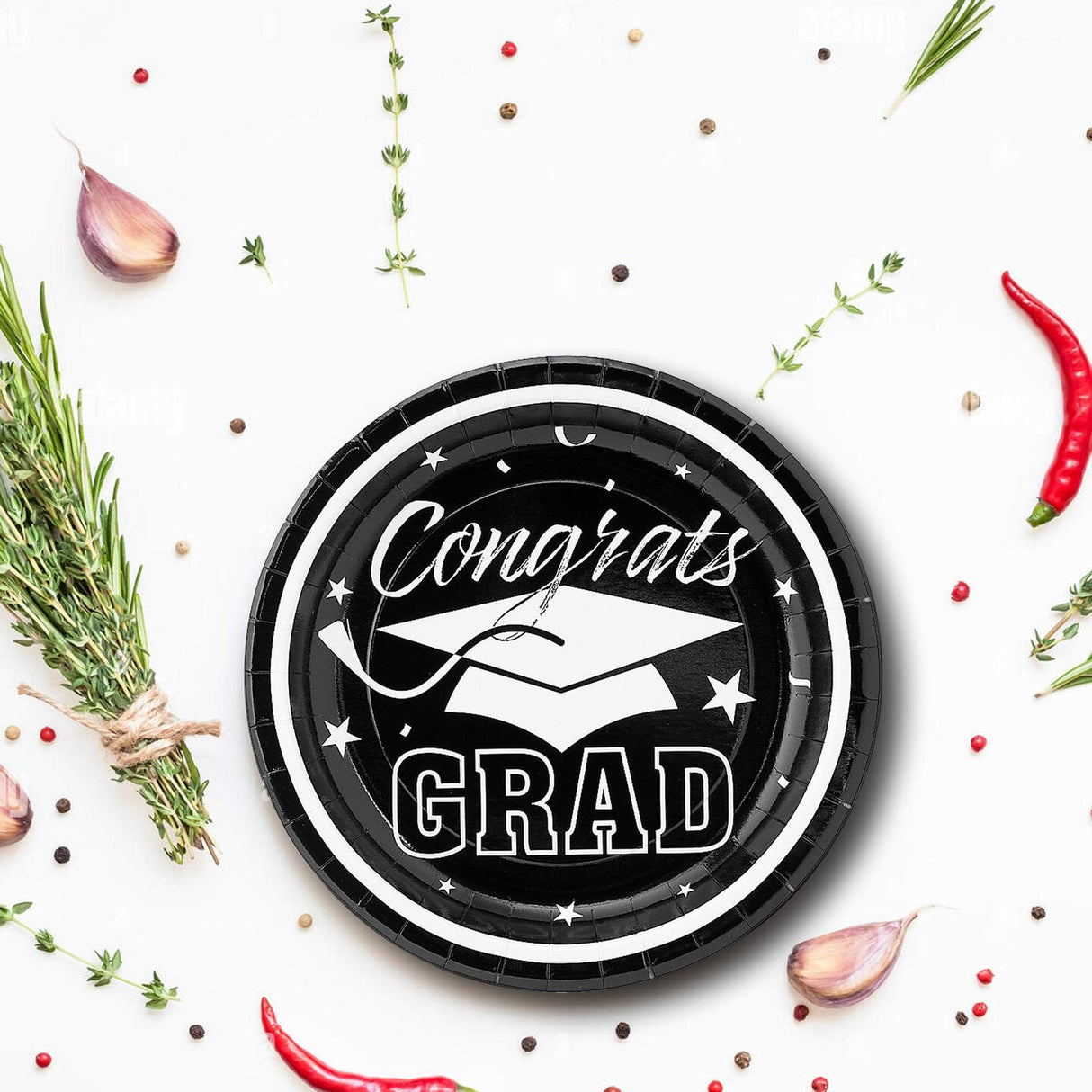25 Count Black Congrats Grad Paper Dessert Plates Disposable Graduation Supplies