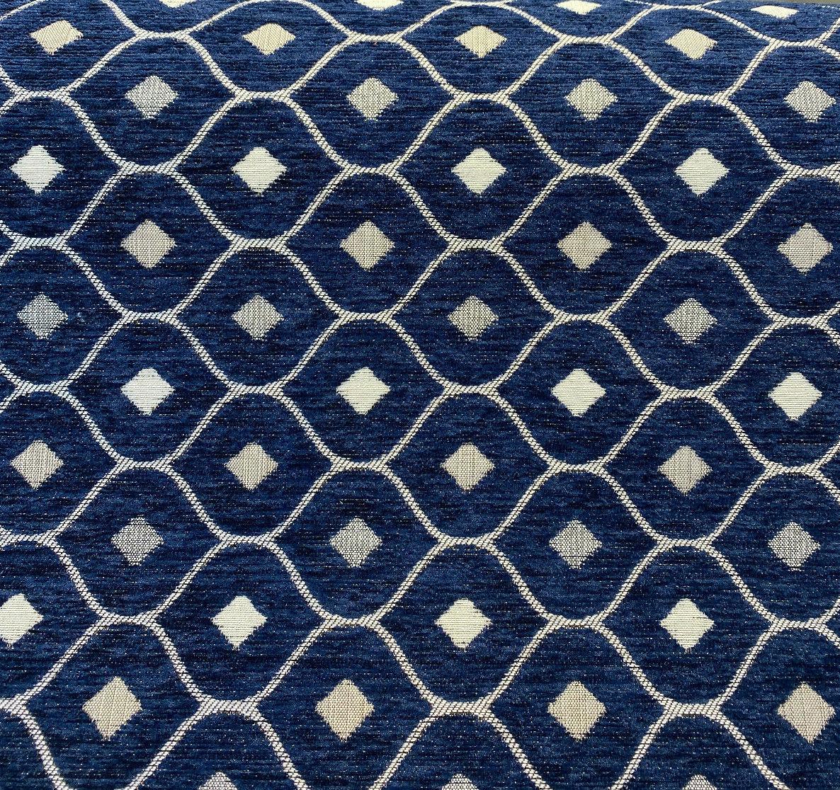 Mercedes Blue Navy Damask Diamond Chenille Fabric - Navy Blue Damask Diamond, 56" Width (1 Yard)