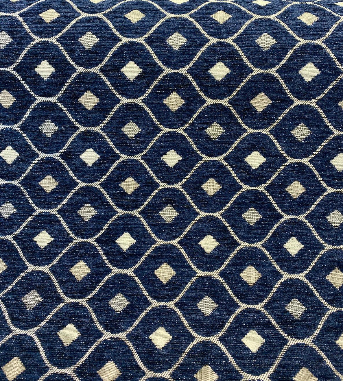 Mercedes Blue Navy Damask Diamond Chenille Fabric - Navy Blue Damask Diamond, 56" Width (1 Yard)