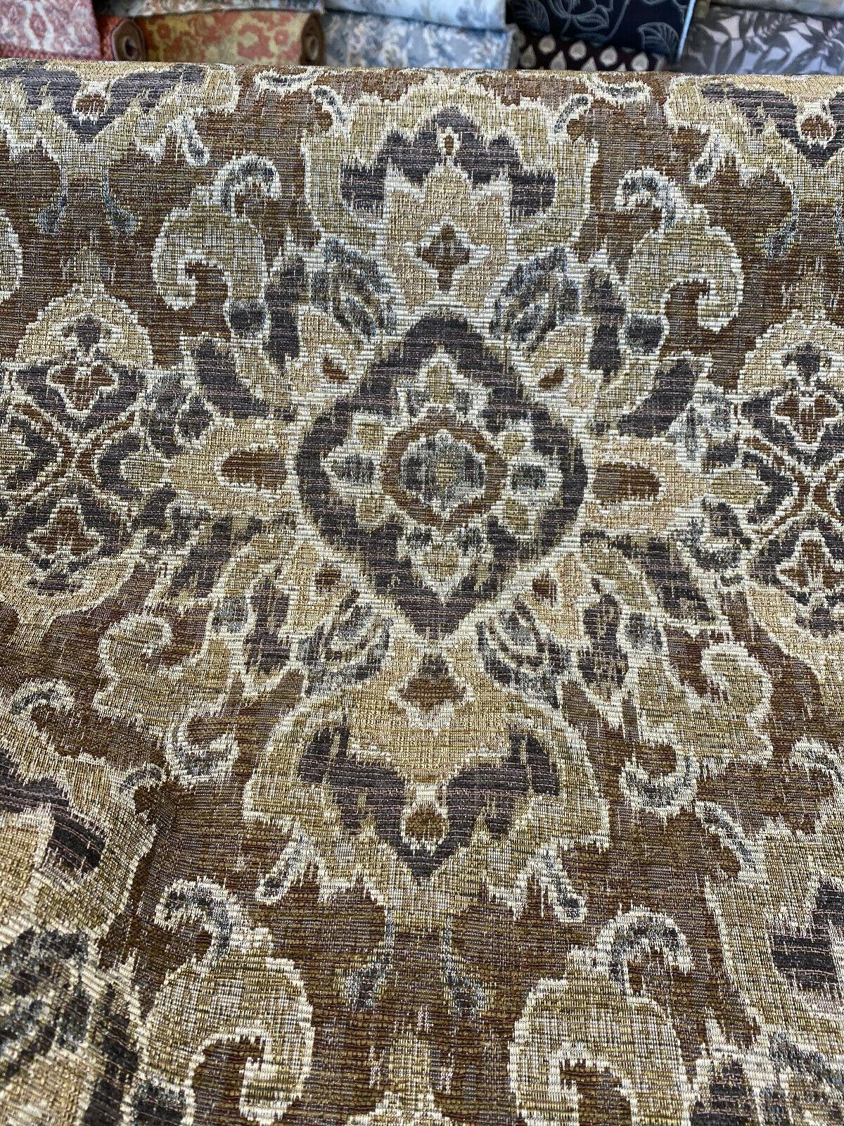 Mazaro Moss Hindley Brown Damask Chenille Fabric - Brown Beige Antique Green Damask, 56" Width (By The Yard)