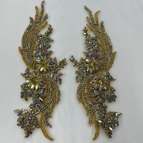 1 Pair 14" x 4" Each Side Crystal Rhinestone Beaded & Corded Lace 100% Polyester