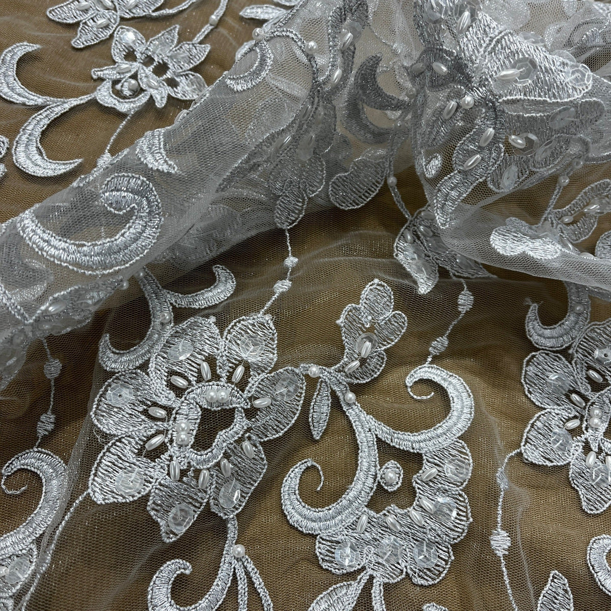 1 Yard Beaded & Corded Bridal Lace Fabric on 100% Polyester Net Mesh, Elegant Embroidered Design