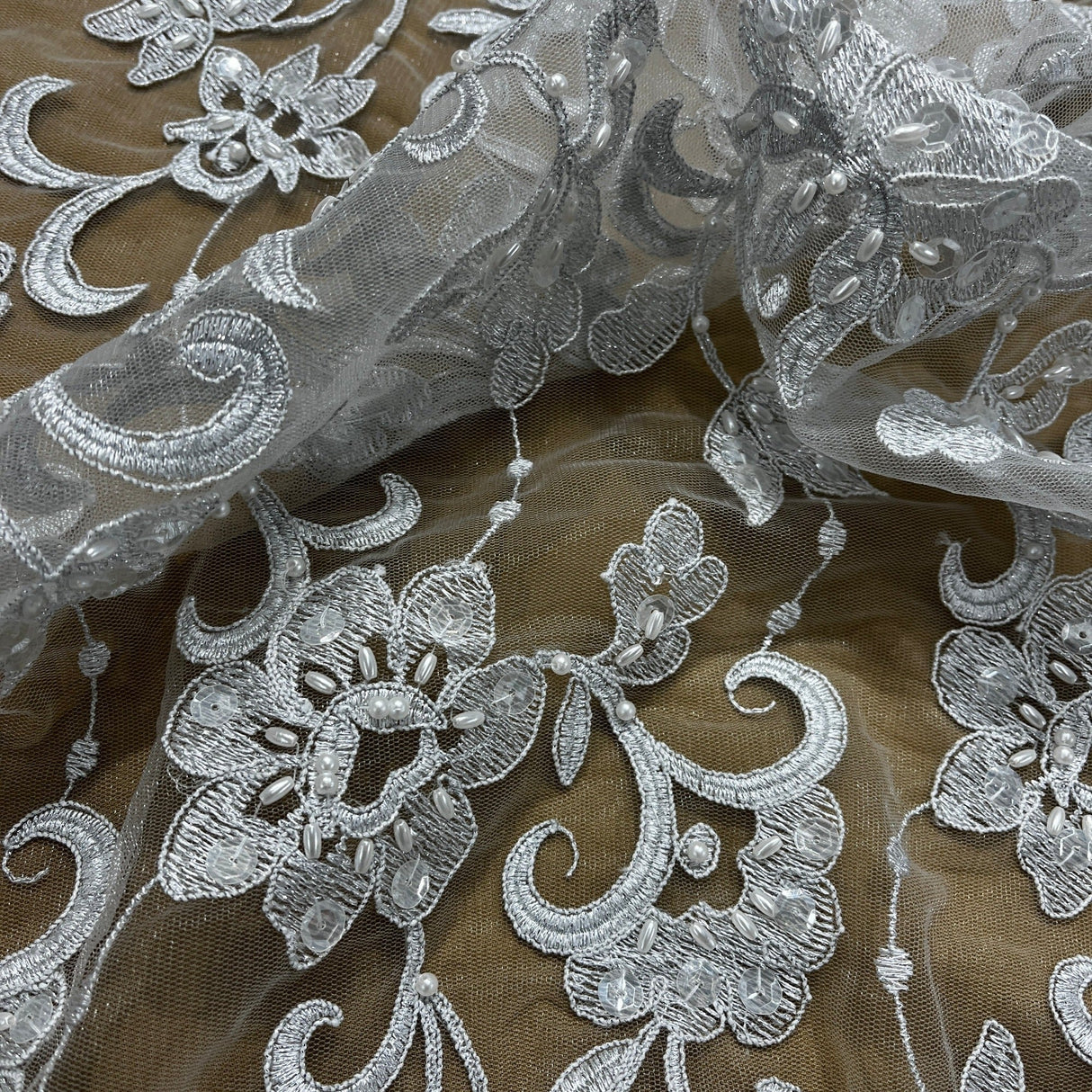 Beaded Corded Bridal Lace Fabric - Silver, 52" Wide (1 Yard)