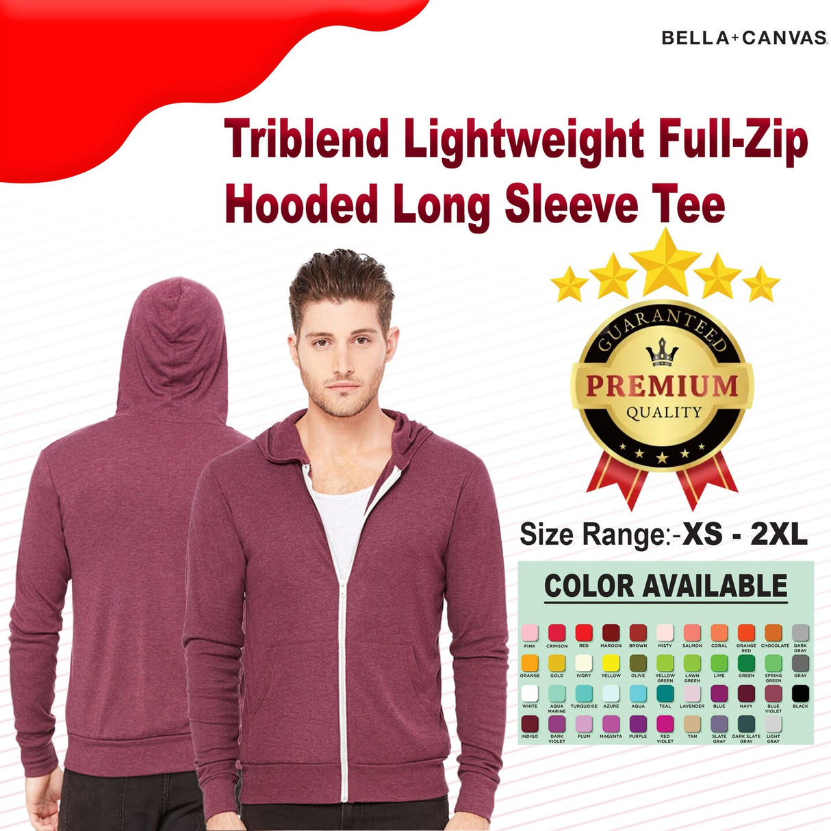 BELLA + CANVAS® Triblend Lightweight Full Zip Hooded
