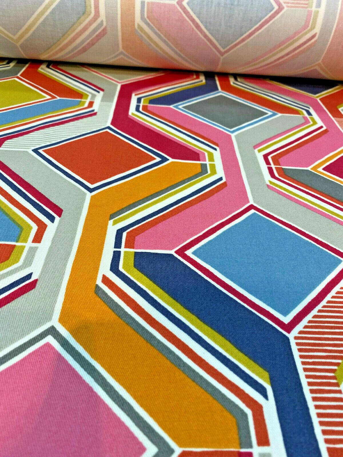 Selby Sherbet 100 Percent Cotton Fabric - Modern Pucci Tile, Pink Blue Green Yellow, Orange, Gray, White Charcoal, 55" Width (1 Yard)