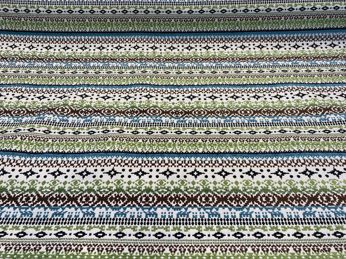 Razzmatazz Stripe Chenille Tapestry Upholstery Fabric - Green Blue Vertical Stripes, 56" Width (By The Yard)