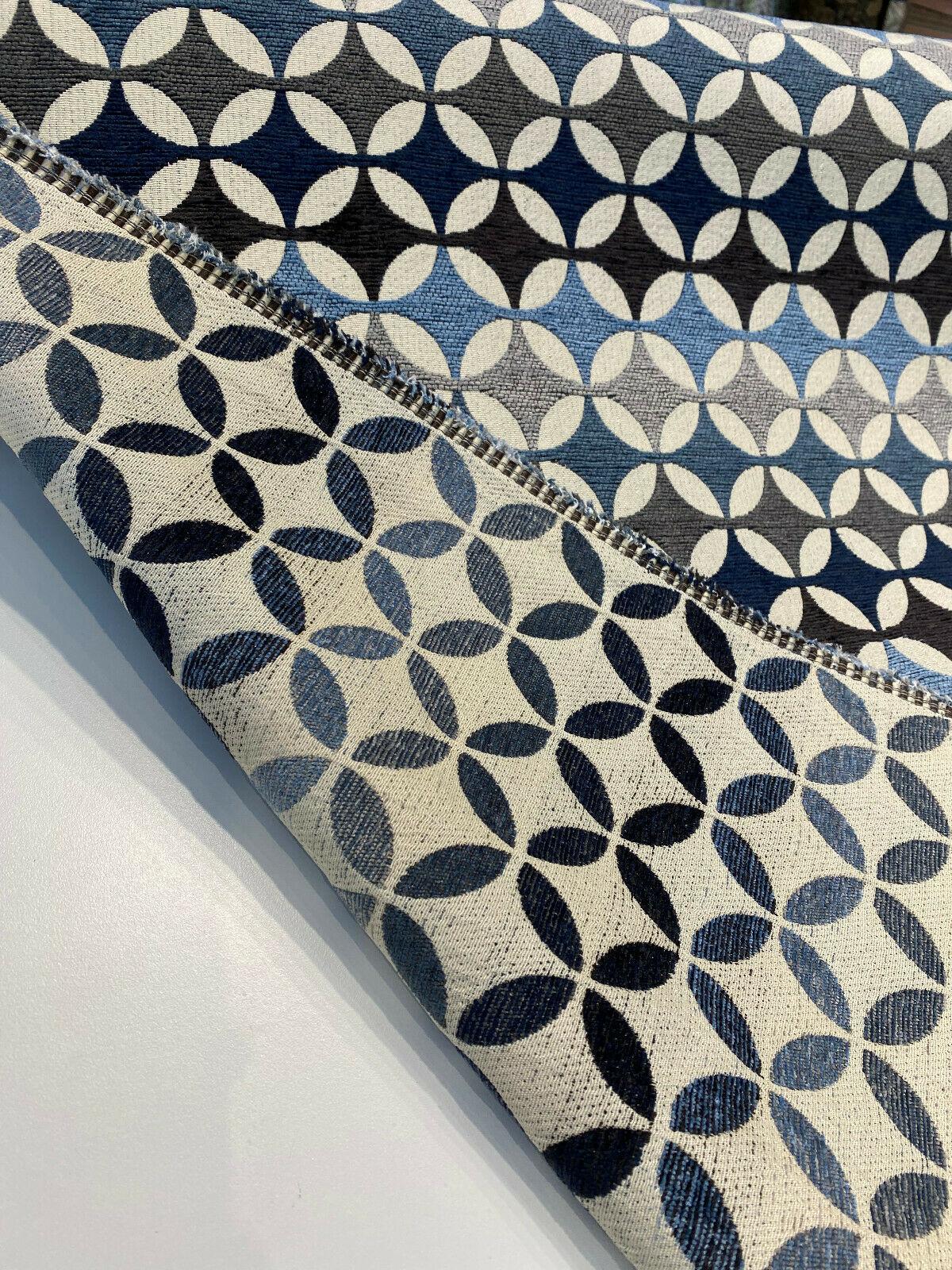Savoy Seabreeze Blue Circles Chenille Fabric - Blue Brown Gray Beige Circles, 54" Width (1 Yard)