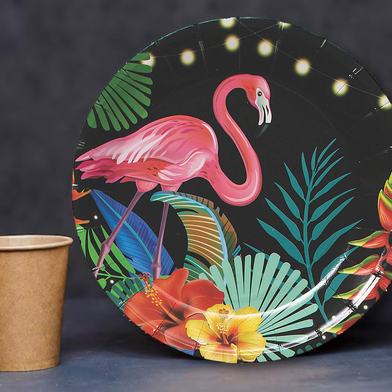 8 Ct. Tropical Nights Flamingo & Floral Paper Dessert Plates 7" Dessert Plates Luau & Pool Party Tableware