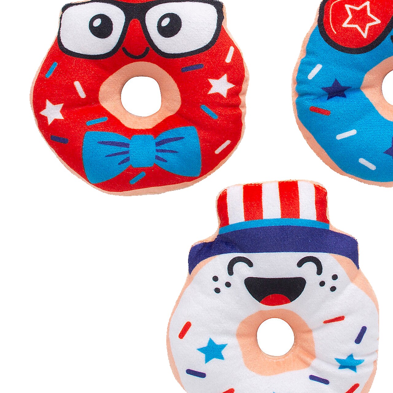4" Patriotic Red, White & Blue Silly Stuffed Donuts 12 Pieces