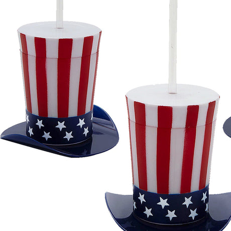 4 1/4" 14 oz. Patriotic Top Hat-Shaped Straw Cups with Lids 12 Pieces