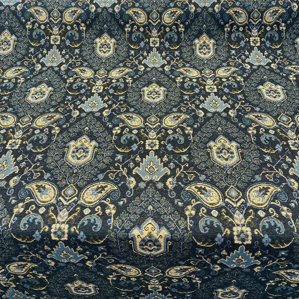 Tegal Dark Navy Damask Floral Upholstery Fabric - Dark Blue, Turquoise, Gold Damask Paisley, 57" Width (1 Yard)