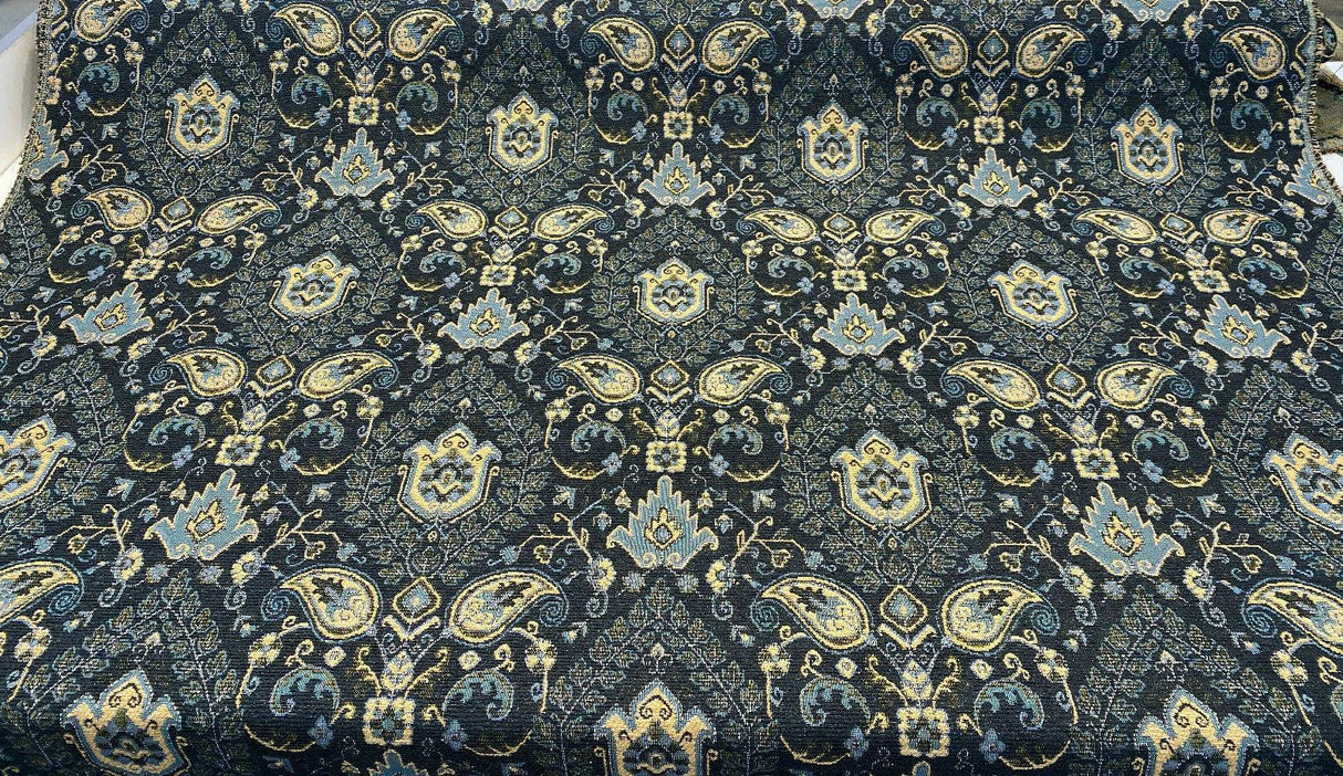 Tegal Dark Navy Damask Floral Upholstery Fabric - Dark Blue, Turquoise, Gold Damask Paisley, 57" Width (1 Yard)