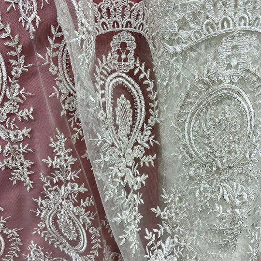 1 Yard Elegant Corded Bridal Lace Fabric Embroidered on Polyester Net Mesh