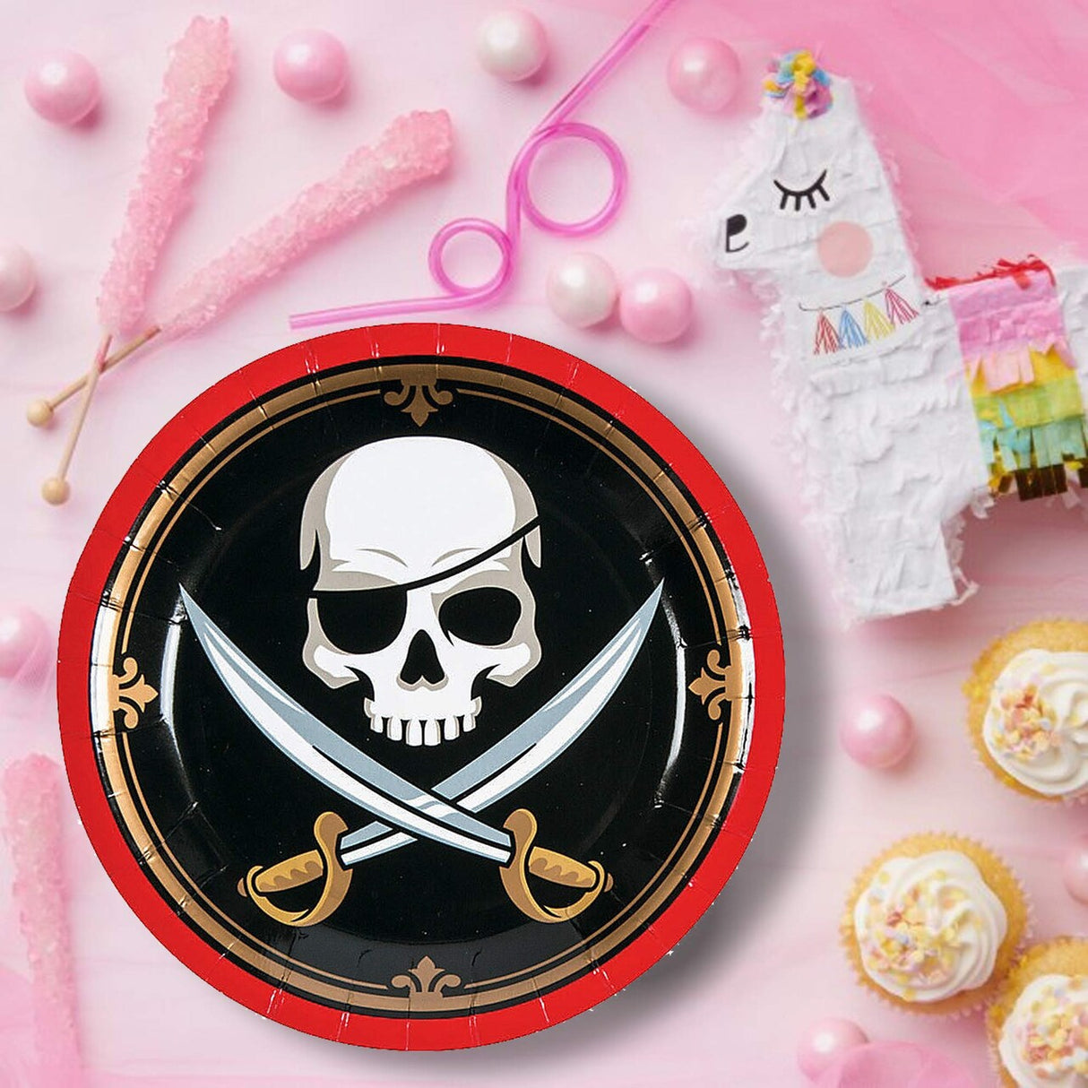 8 Ct. Skull & Crossed Swords Pirate-Themed Paper Dessert Plates 7-Inch Party Plates