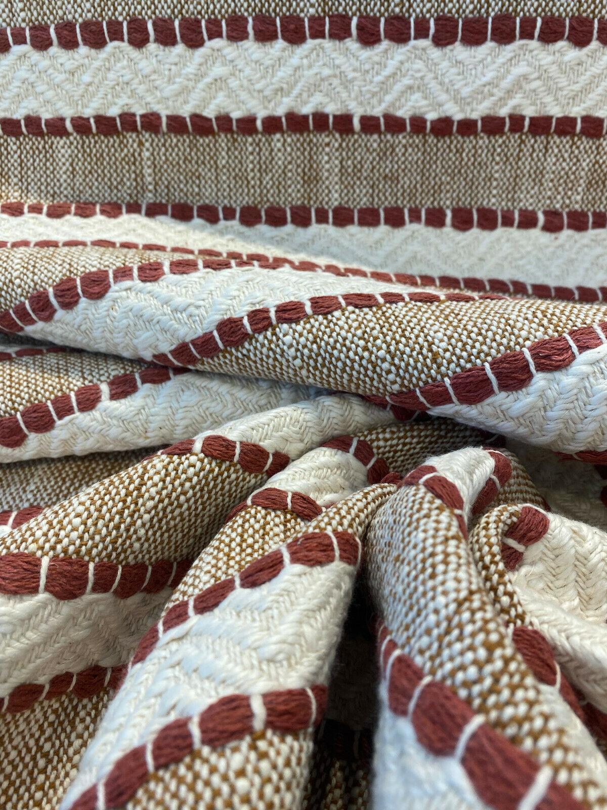 Inca Trail Cotton Upholstery Fabric - Cinnabar Rust Red, Stripe, Texture, Chevron, 54" Width (1 Yard)
