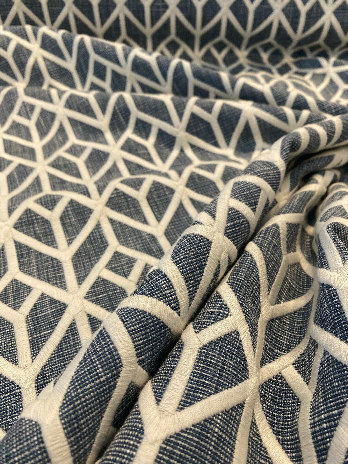 Waverly Key Elements Woven Fabric - Blue Embroidered Geometric, 56" Width (1 Yard)