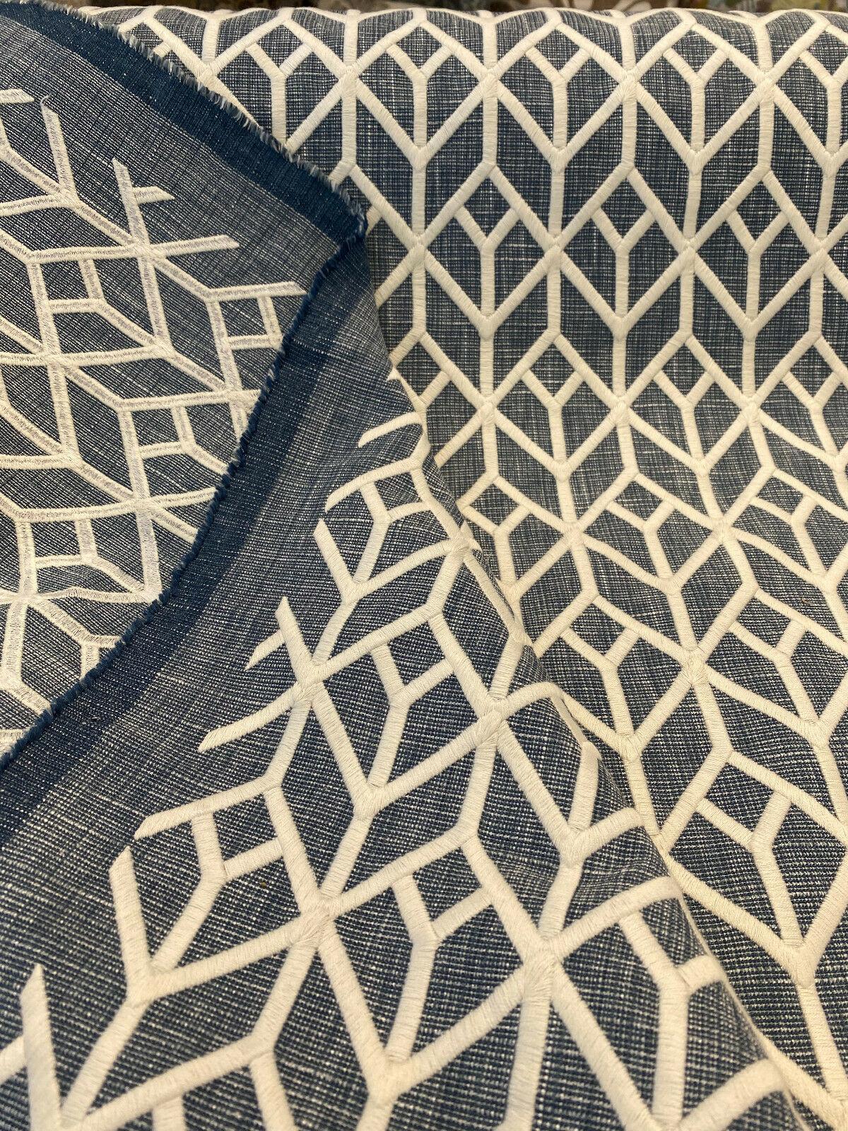 Waverly Key Elements Woven Fabric - Blue Embroidered Geometric, 56" Width (1 Yard)