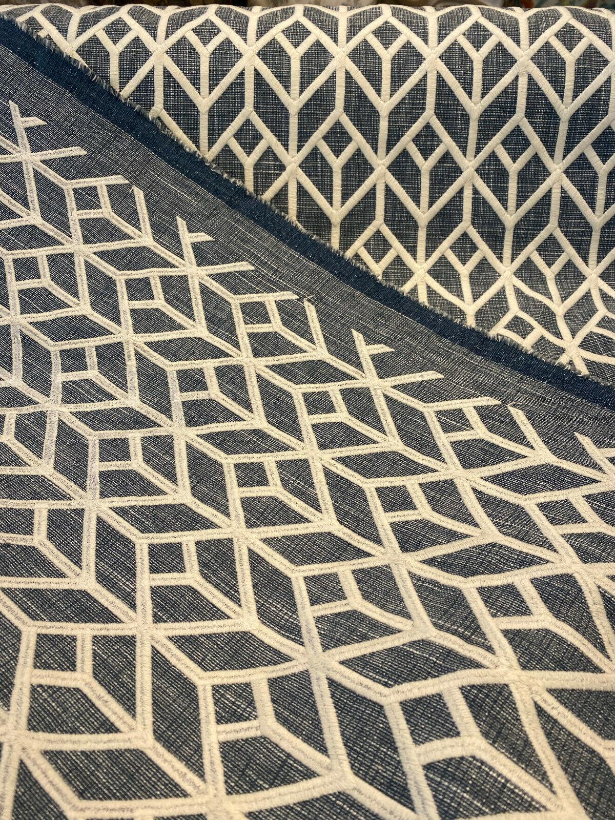Waverly Key Elements Woven Fabric - Blue Embroidered Geometric, 56" Width (1 Yard)