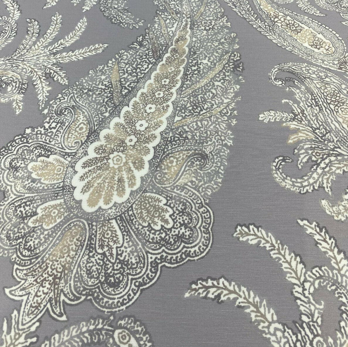 Peaceful Journey Linen Cotton Fabric - Gray White Cream Paisley Print, 54" Width (1 Yard)