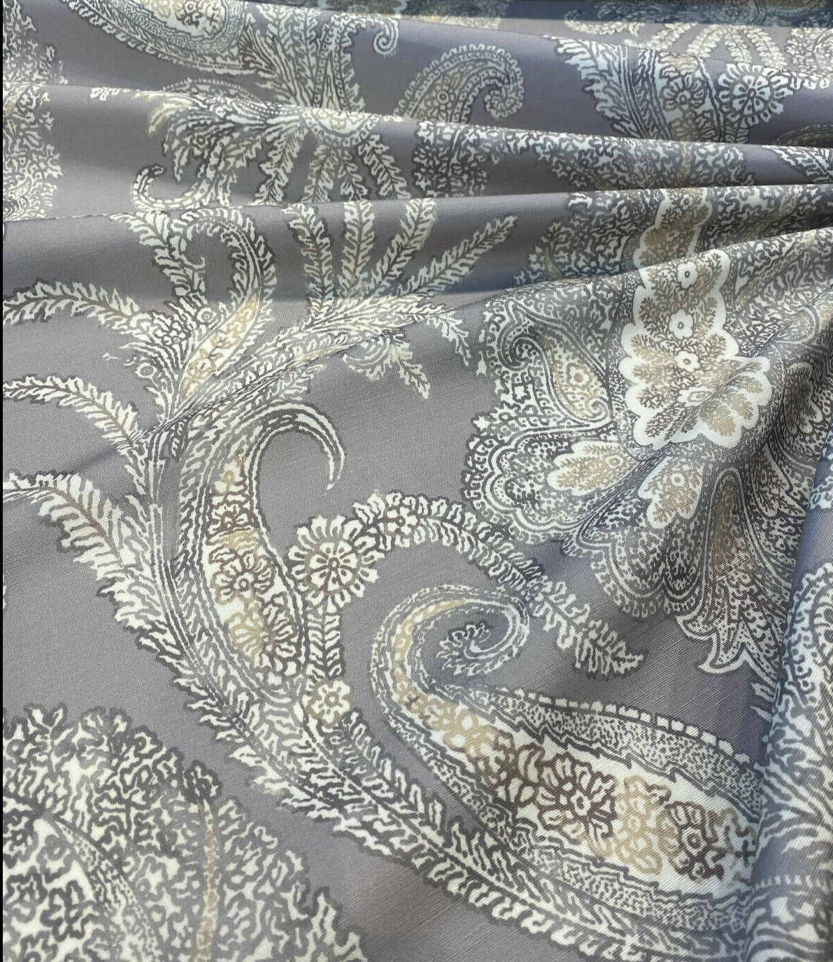 Peaceful Journey Linen Cotton Fabric - Gray White Cream Paisley Print, 54" Width (1 Yard)